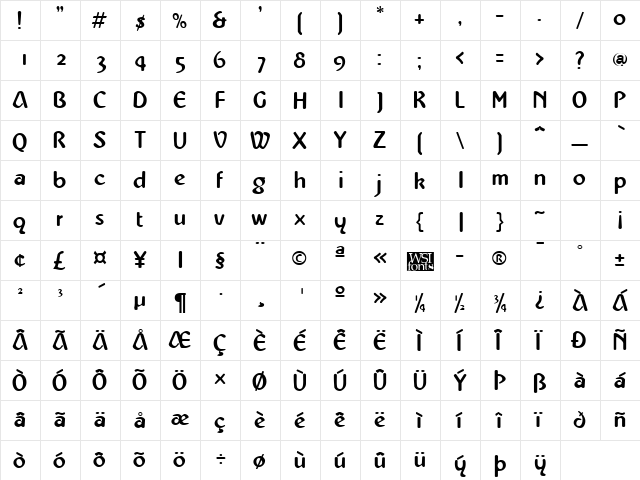 Westminster Regular  glyph index