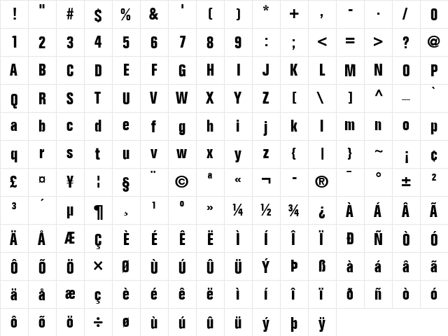 Folio BoldCondensed Regular  glyph index