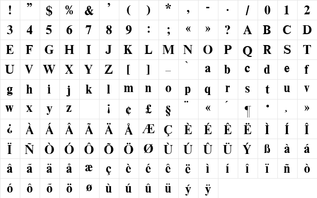 Times-Bold Regular  glyph index