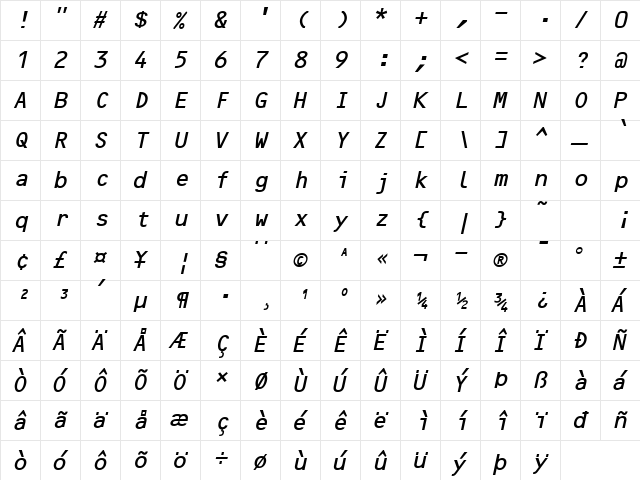Optical B Italic  glyph index