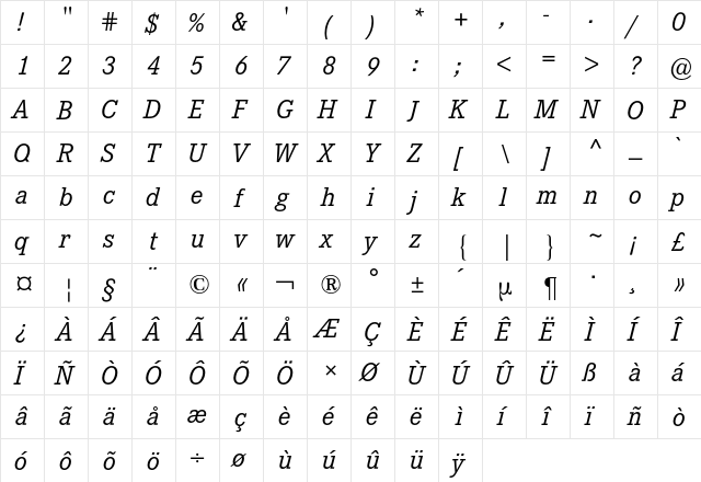 Corporate E BQ Regular  glyph index