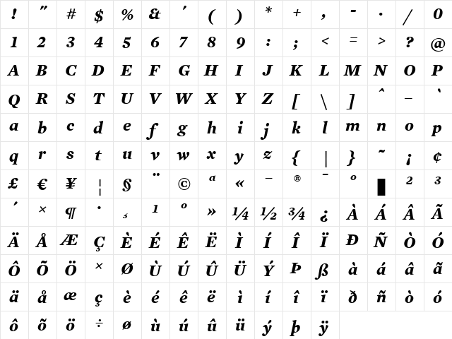 Mercury Text G1 Bold Italic  glyph index