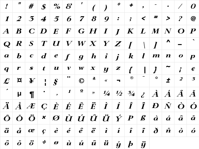 LingwoodEF BoldItalic  glyph index