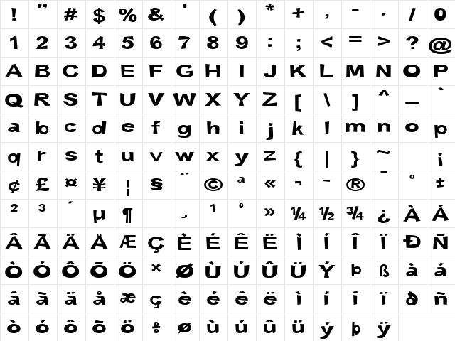 Snott 2000 Bold  glyph index