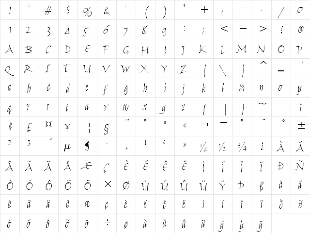 Humana Script ITC TT Light  glyph index