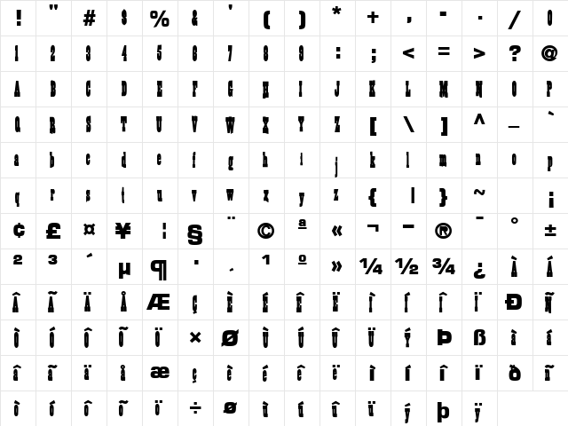 BillyTheKid65 Bold  glyph index