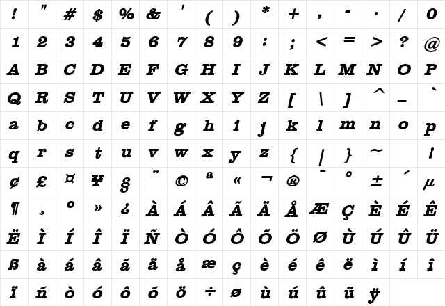 Clare Bold Italic  glyph index