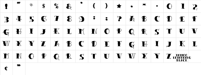 TattooLetteringBlack Regular  glyph index