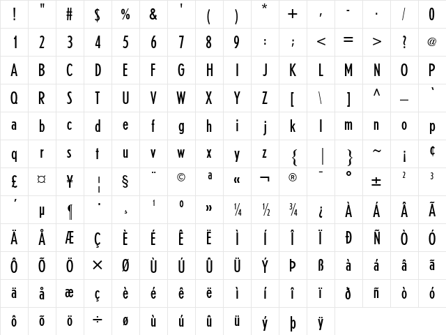 Erbar AT Condensed Light Regular  glyph index