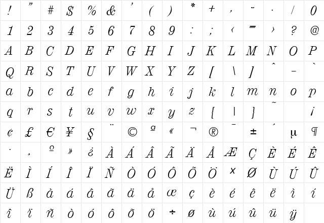 ValenciaSerial-Light Italic  glyph index