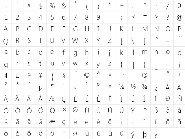 Segoe UI Light Regular  glyph index