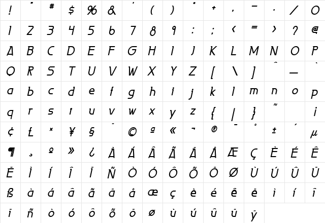 Persia Condensed Bold Italic  glyph index