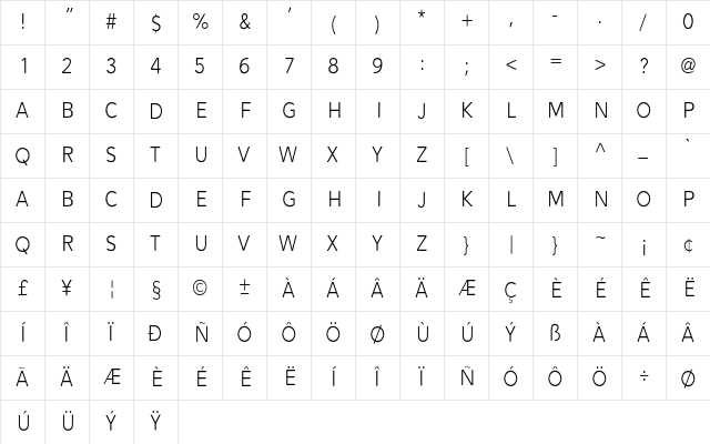 Alesand Light Regular  glyph index