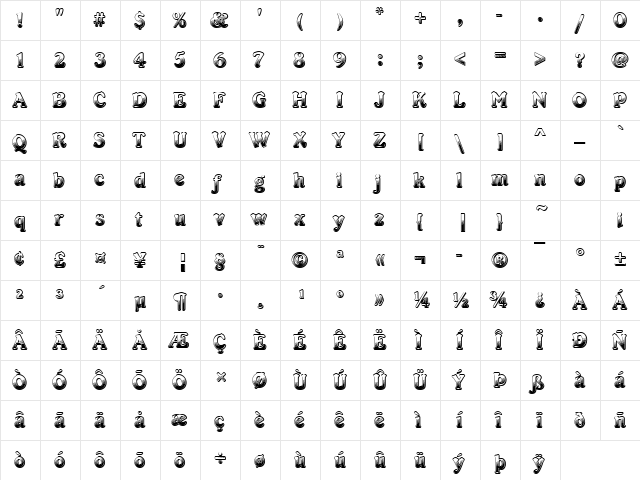 CabaretD Regular  glyph index