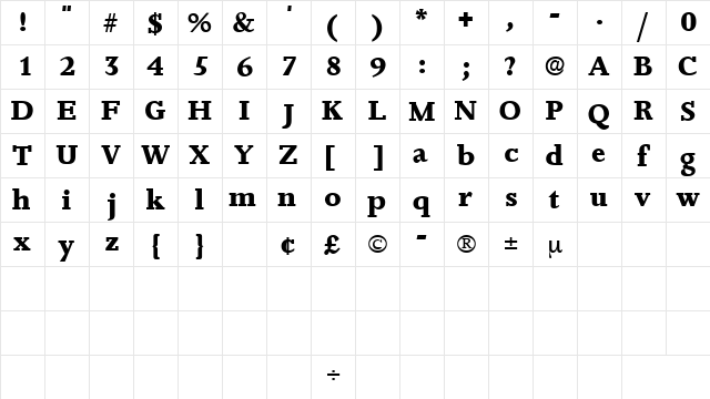 JuxtaDisplaySSK Regular  glyph index