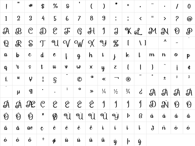 Rendera Regular  glyph index
