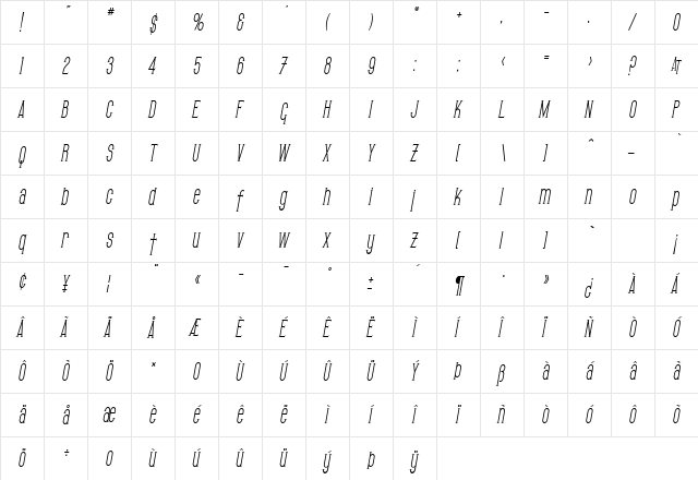 SF Gothican Condensed Oblique  glyph index