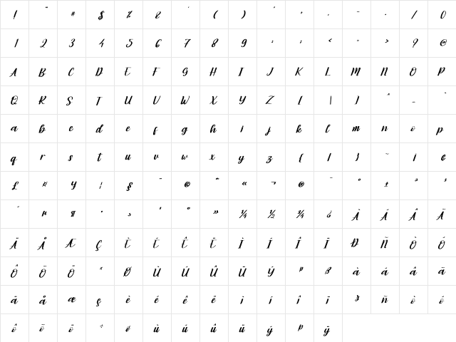 Moonday Italic Regular  glyph index
