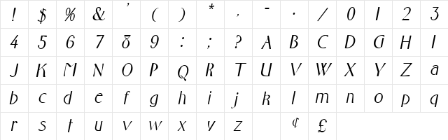 Pavis Oblique  glyph index