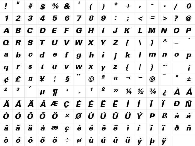 NovaBlackSSK Italic  glyph index