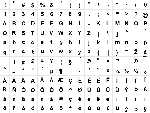 EE Arial Bold  glyph index