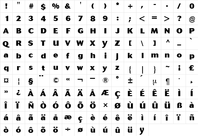 Cosmos BQ Bold  glyph index