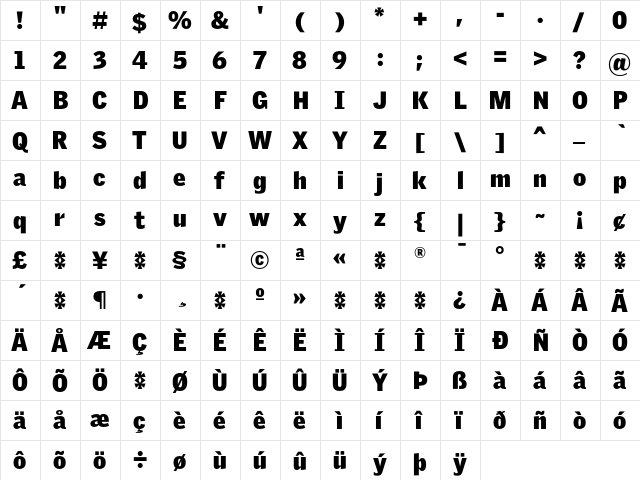 GriffithGothic Ultra  glyph index