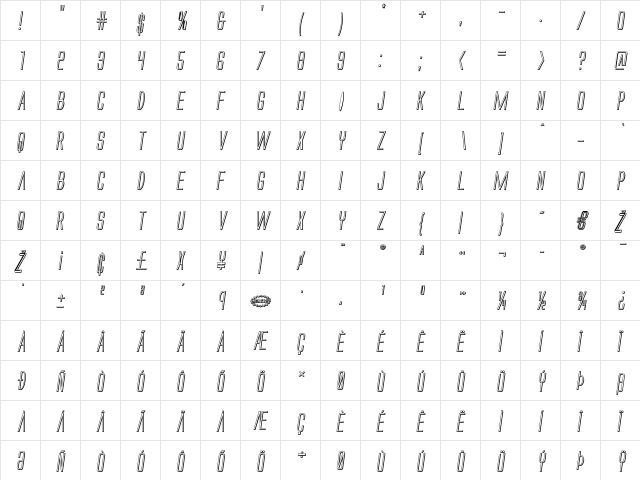 Alien League 3D Italic Italic  glyph index