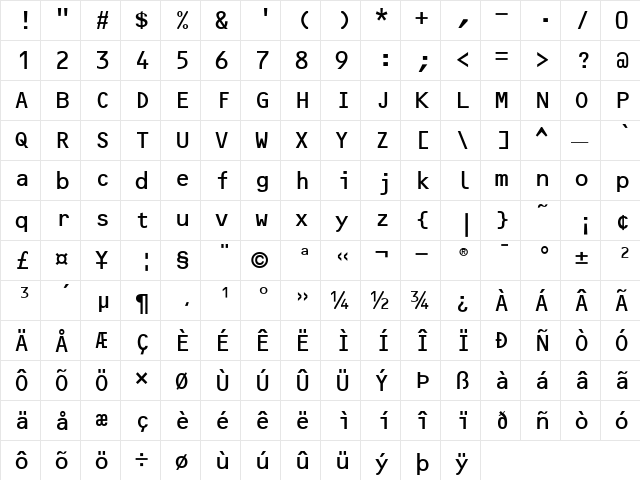 OCRB LT A Regular  glyph index