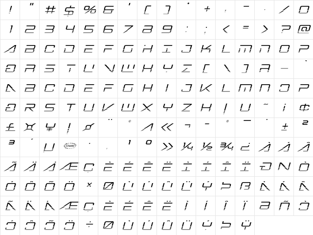 Banshee Pilot Halftone Italic Italic  glyph index