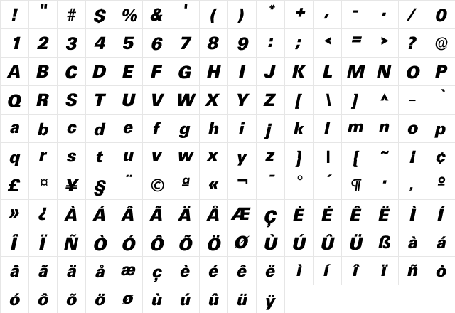 Iultimate Bold  glyph index