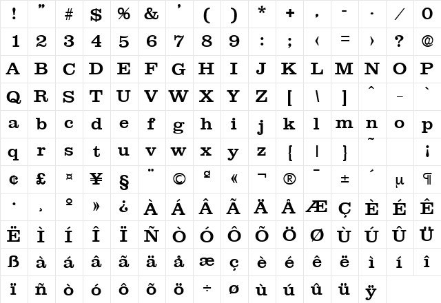 Clarendon-Serial-Medium Regular  glyph index