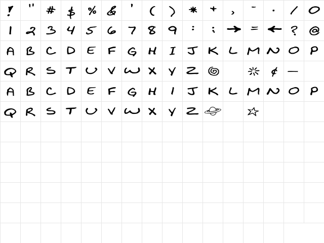 BiklyBoldFont Wide Regular  glyph index