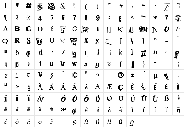 Ransom Note Regular  glyph index