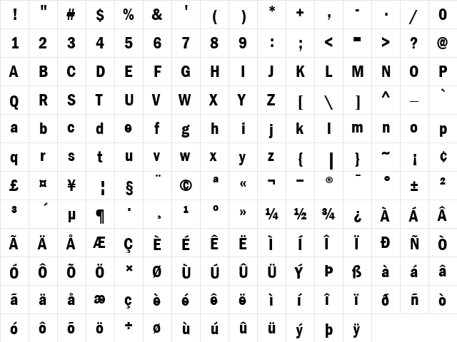 ITCFranklinGothic-DemiCondensed Roman  glyph index