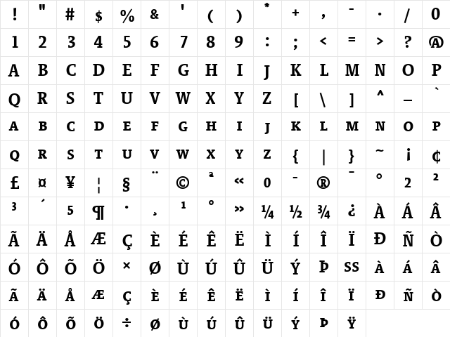 SheriffCaps Bold  glyph index