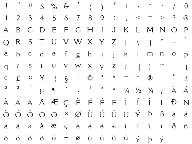 Cantoria MT Regular  glyph index
