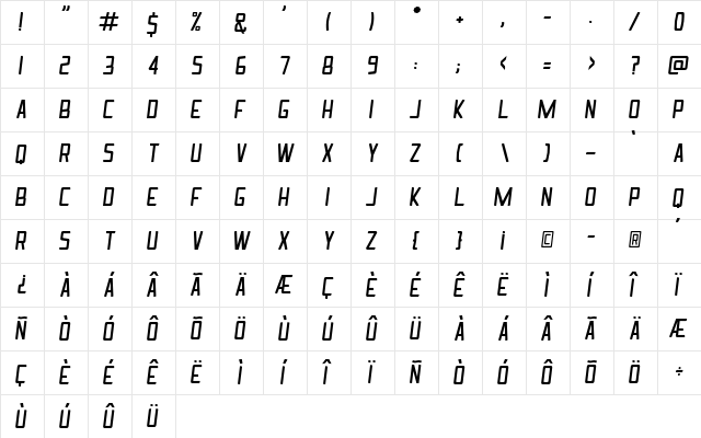 Ingrata Italic  glyph index