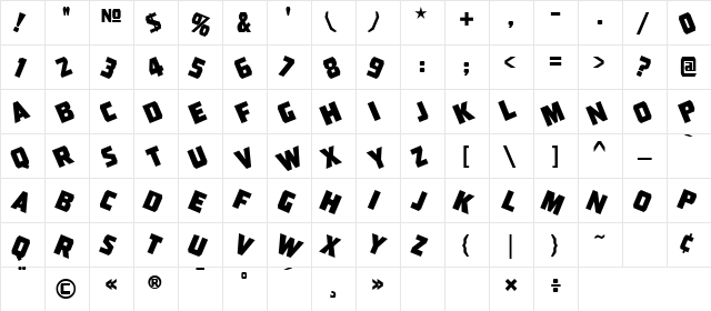 Pressboard Jumbled JL Regular  glyph index