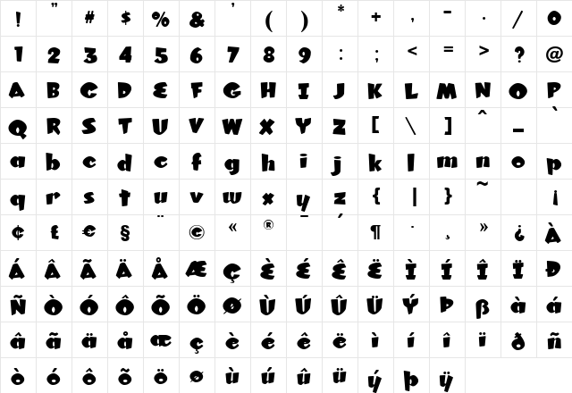 KonTikiKonaJF Regular  glyph index