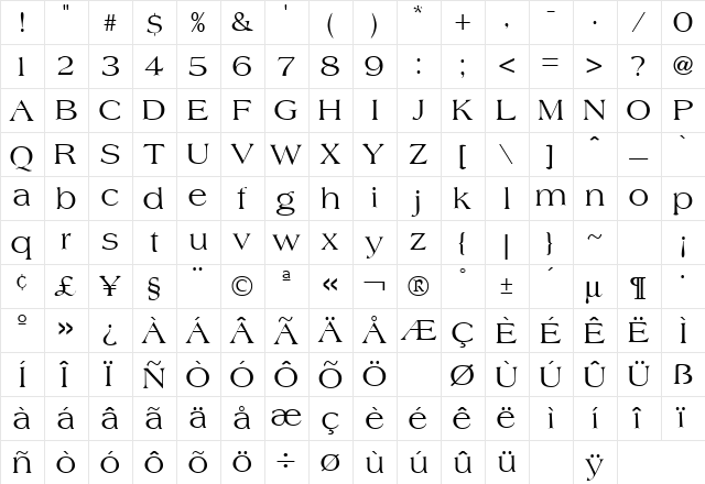 Americana Regular  glyph index