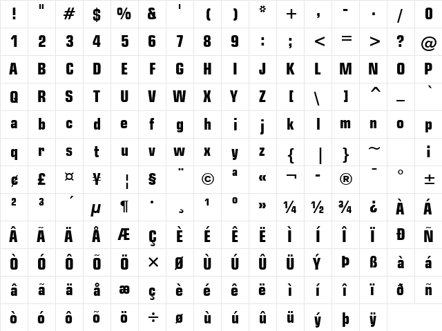 Square721 Cn BT Bold  glyph index