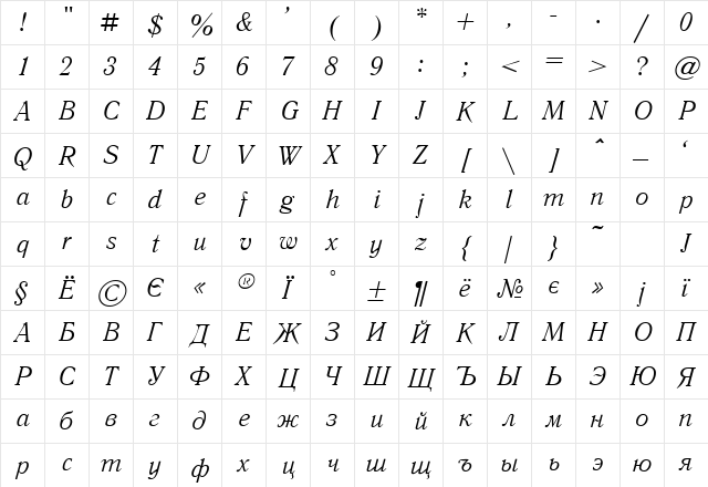 LiteraturnayaC Italic  glyph index