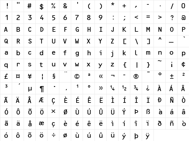 OCRF Regular  glyph index