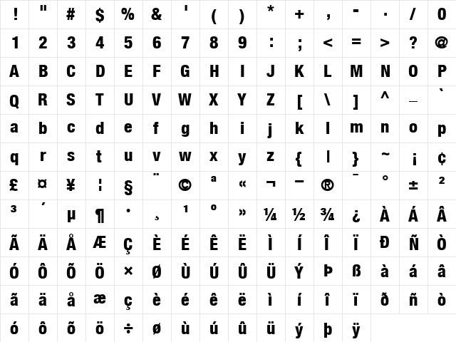 HelveticaNeue Cond Heavy  glyph index