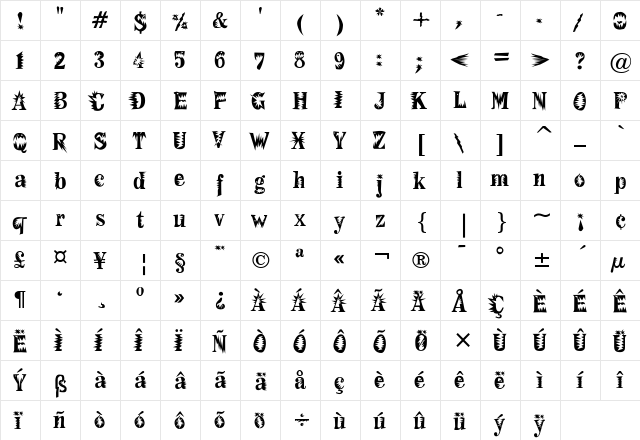 F2FMadZineFear Regular  glyph index