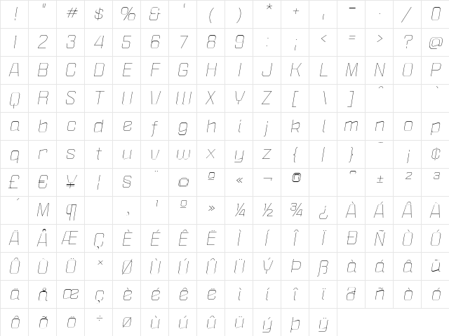 Politica XT Light Italic  glyph index