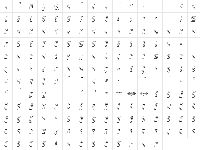 Homelander 3D Italic Regular  glyph index