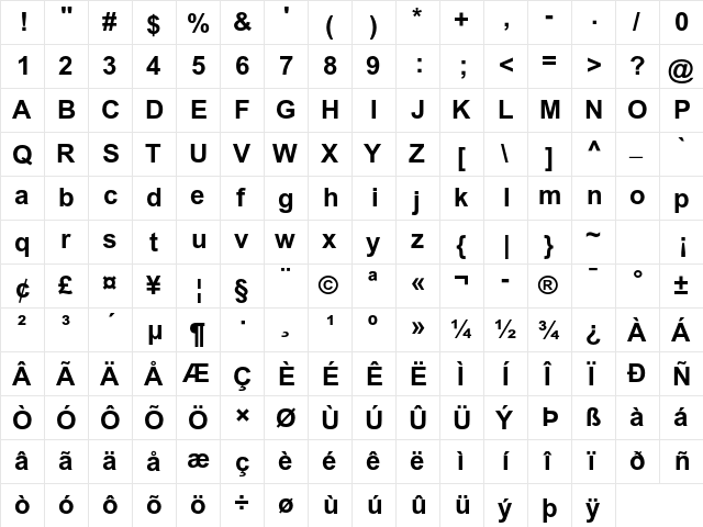 Arial MT Std Bold  glyph index