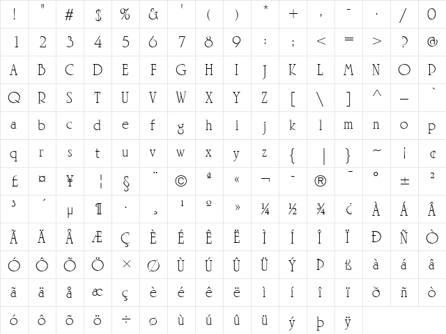 LTRowena Light Regular  glyph index